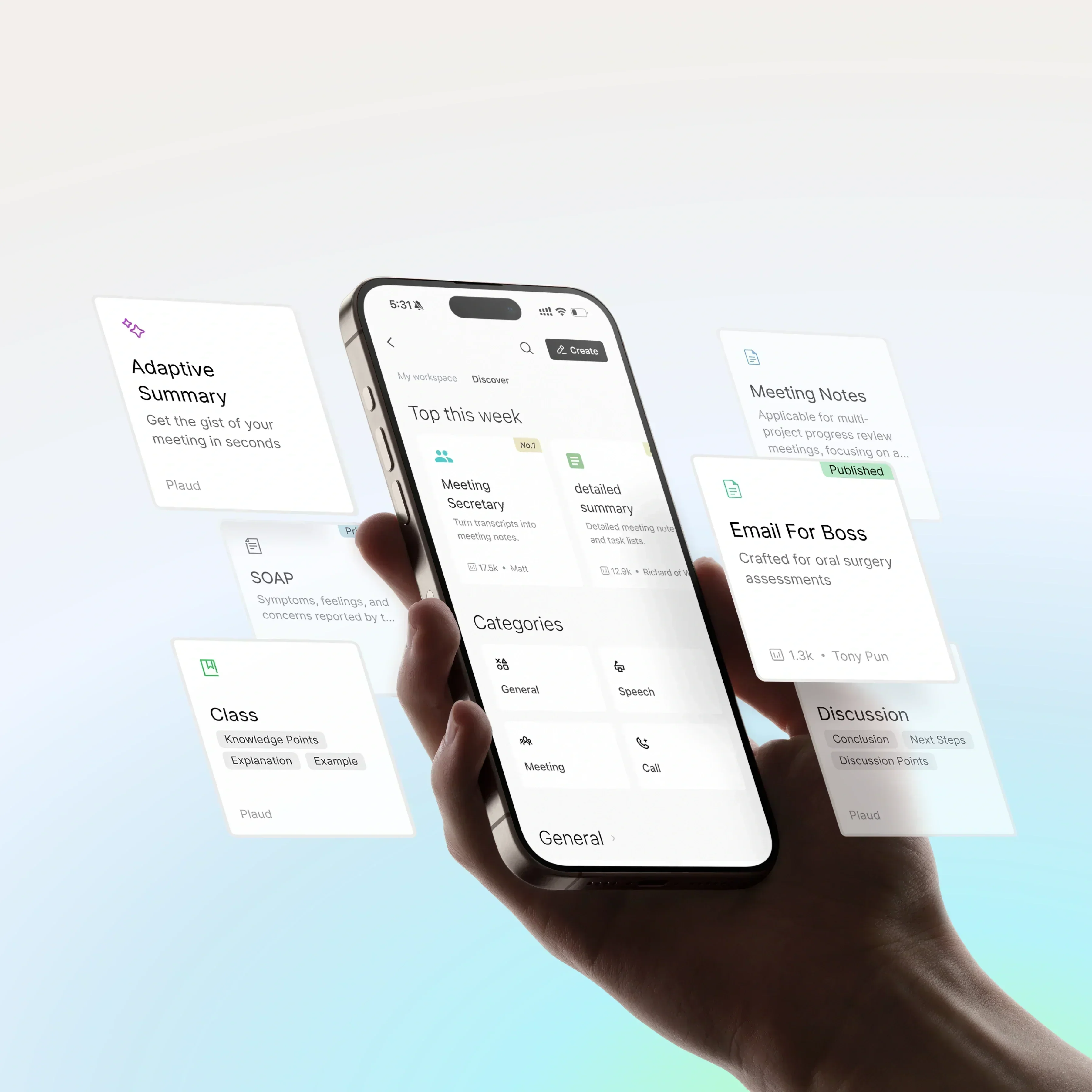 Plaud App on a smartphone, showing diverse AI-generated summaries, meeting notes, and specialized content outputs.