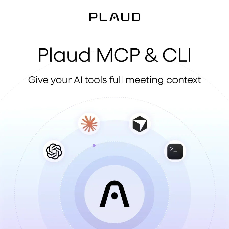 Plaud MCP and CLI says to give AI tools full meeting context, featuring OpenAI, Anthropic, Perplexity, and a terminal icon.