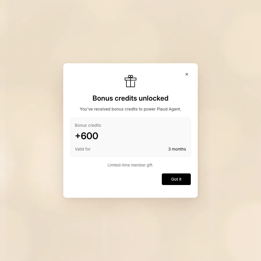 A notification shows 600 bonus credits unlocked for Plaud Agent, valid for three months as a member gift.