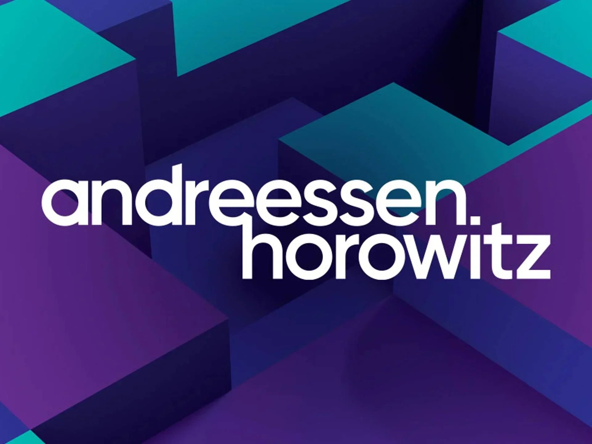 White 'andreessen. horowitz' text on an abstract background of purple, blue, and teal geometric blocks.