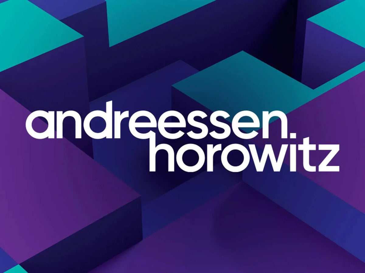 White 'andreessen. horowitz' text on an abstract background of purple, blue, and teal geometric blocks.