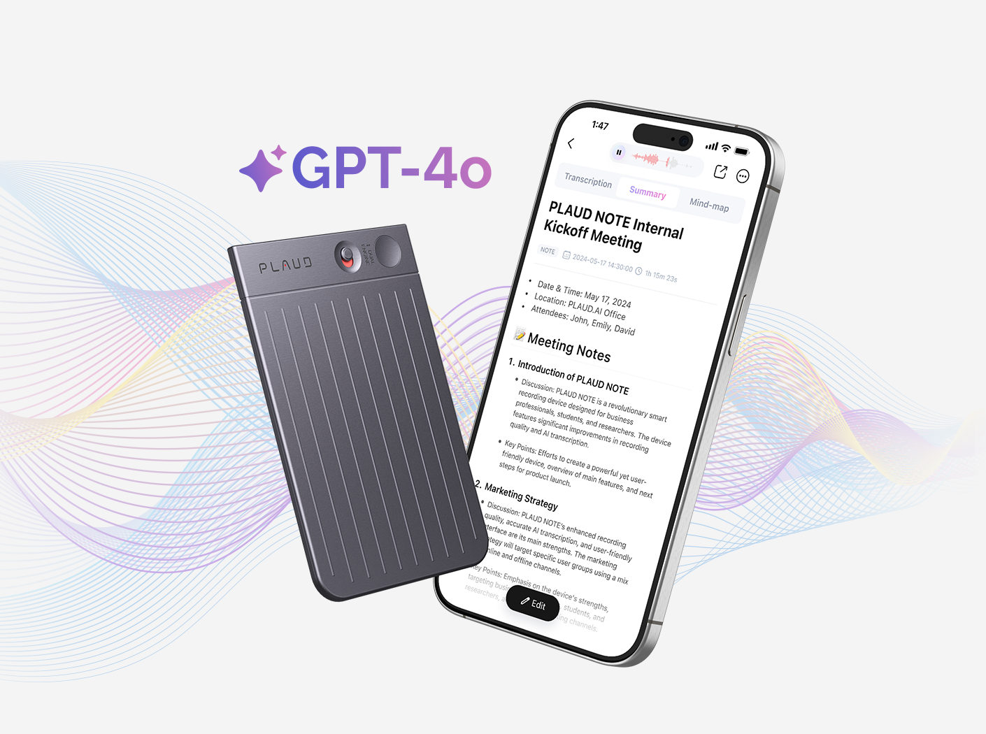 Dark gray Plaud Note and a smartphone displaying Plaud App meeting notes. GPT-4o logo highlights AI capabilities.