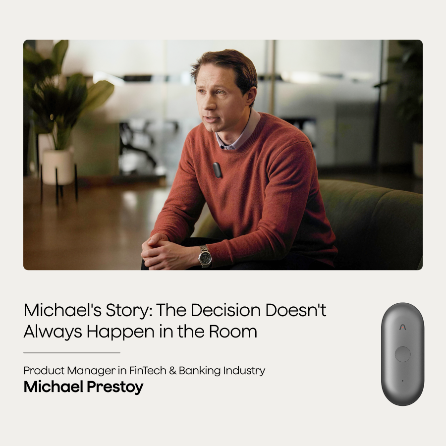 Michael Prestoy wears a gray Plaud NotePin S on his red sweater. Text reads: Michael's Story: The Decision Doesn't Always Happen in the Room.