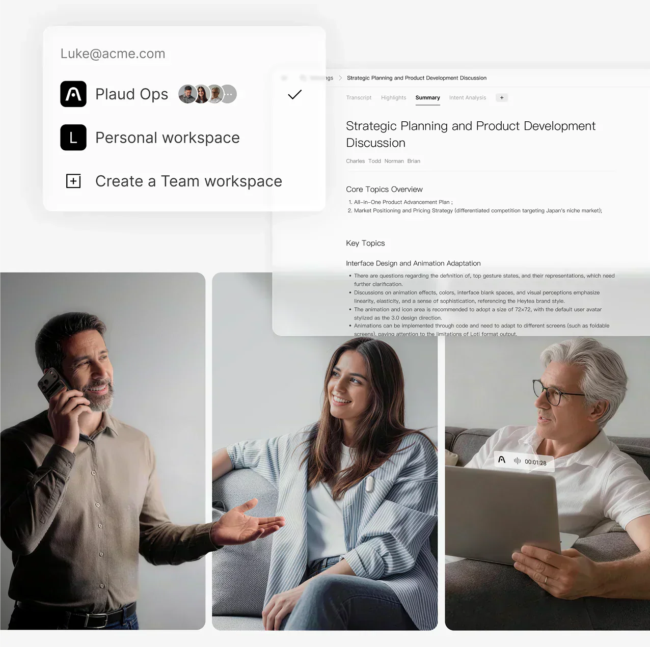 Plaud App interface with team workspaces & meeting summaries, plus people using a Plaud NotePin & collaborating.