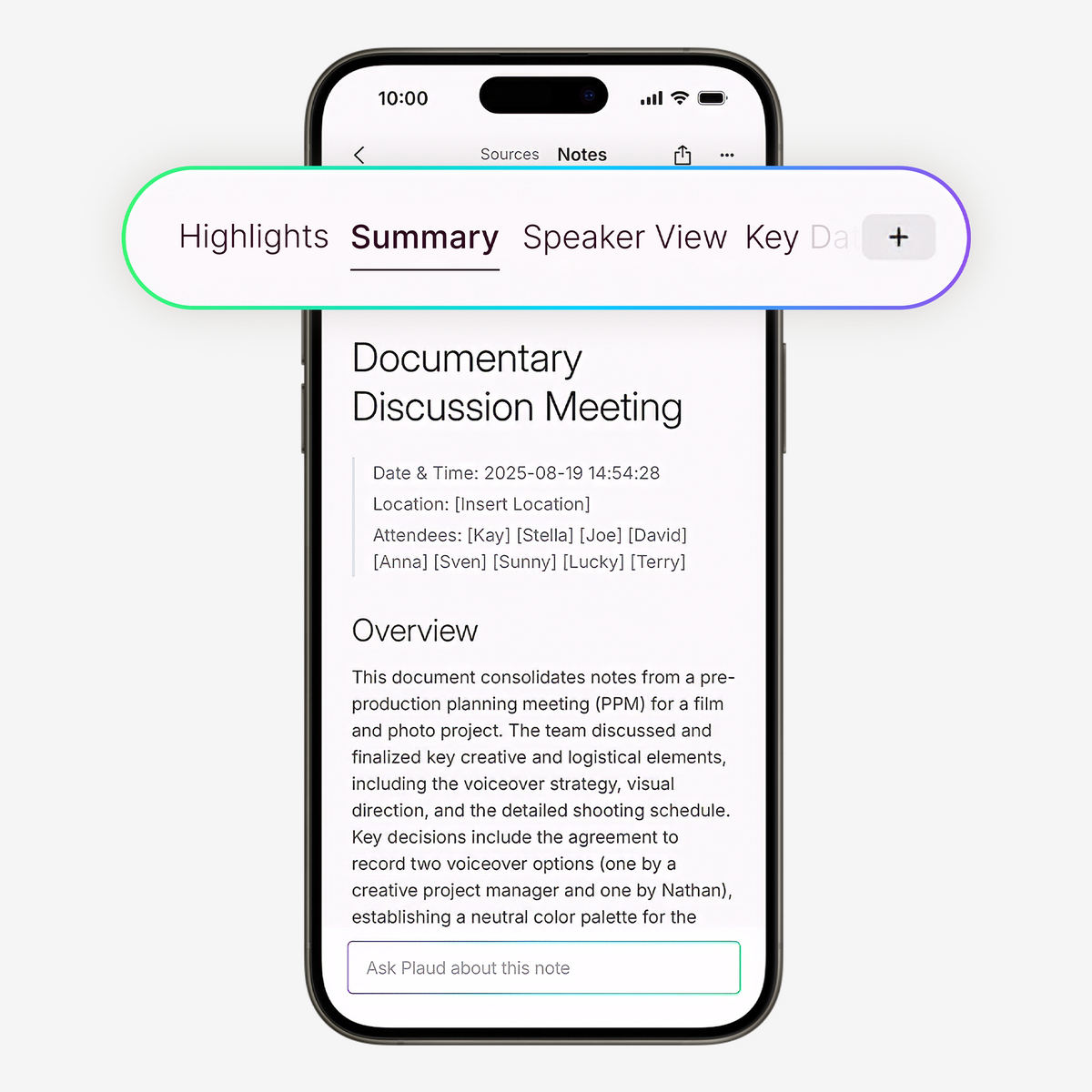 Plaud App on a smartphone displaying a meeting summary with "Summary" tab active and an "Ask Plaud about this note" input.