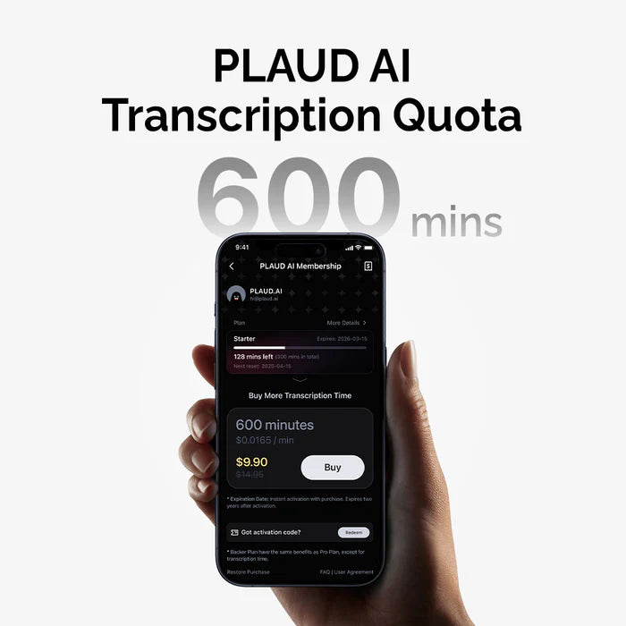 PLAUD AI Annual Pro Plan & Transcription Quota (6000/3000/600mins)