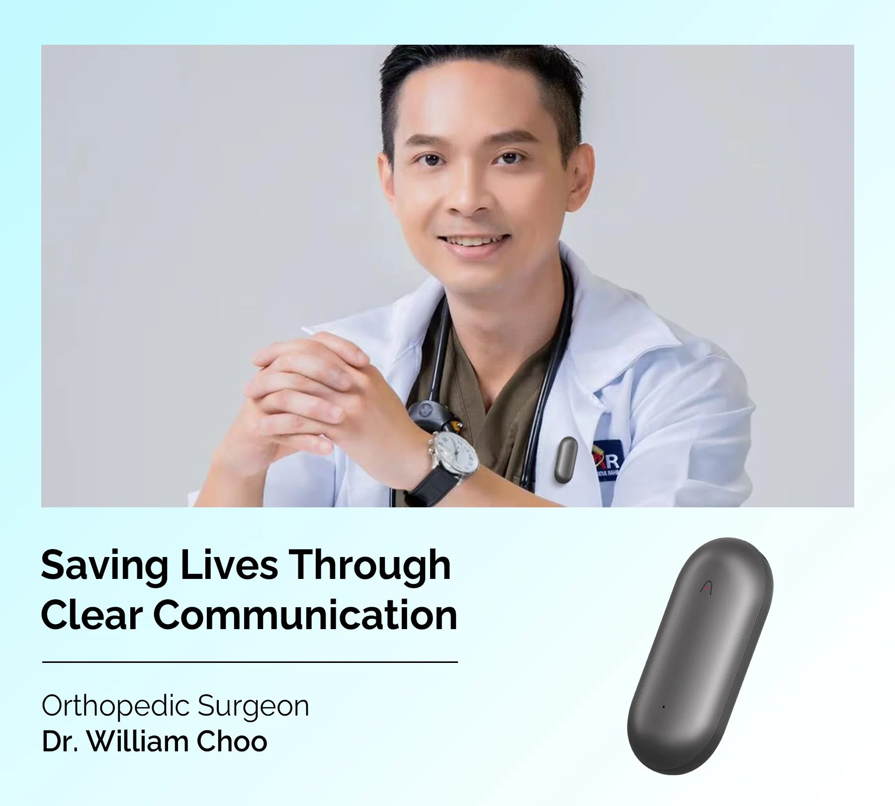 Orthopedic surgeon Dr. William Choo smiles, wearing a dark gray Plaud NotePin on his lab coat, with another Plaud NotePin dis