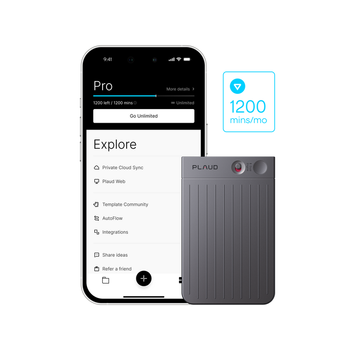 Dark gray Plaud Note Pro with red light, next to a phone showing Plaud App's Pro plan, 1200 mins/mo, and features.