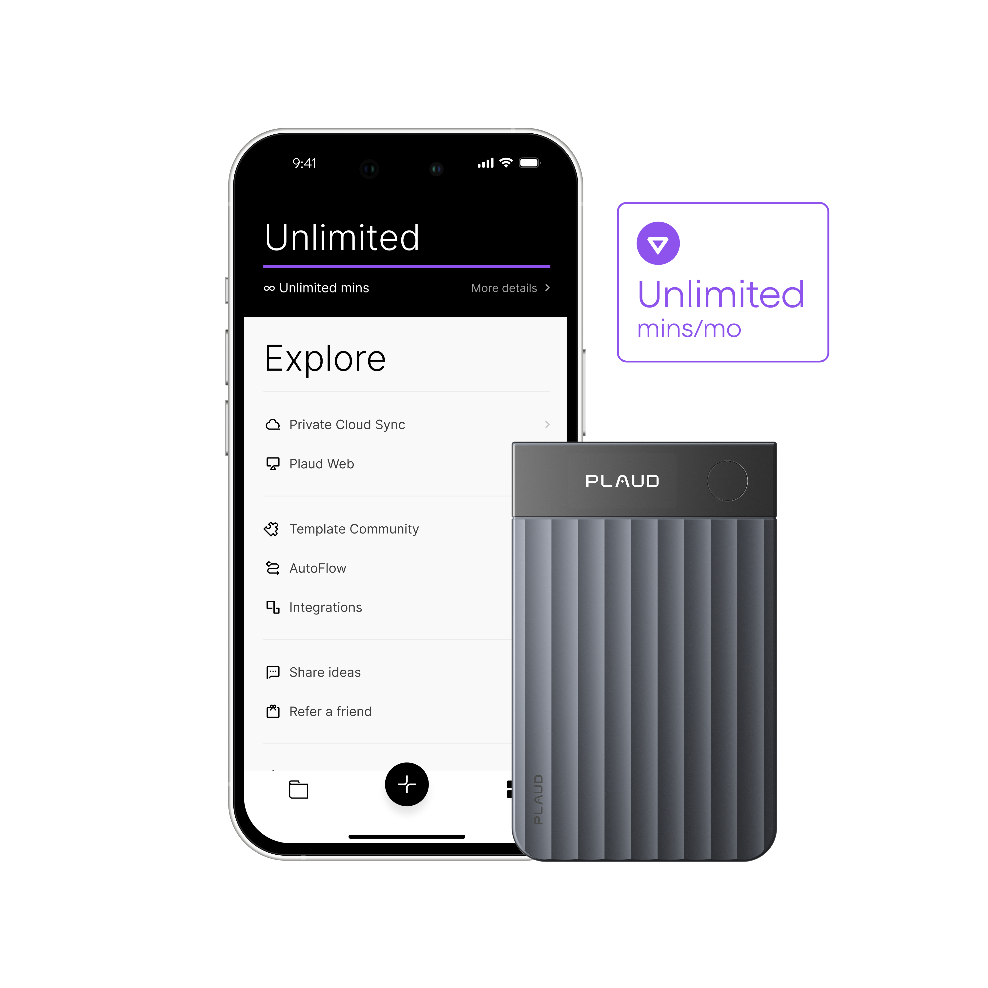 Dark gray Plaud Note Pro next to a phone displaying the Plaud App's 'Unlimited' plan features.