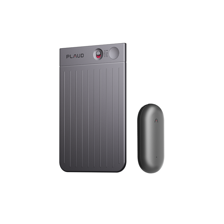Dark gray Plaud AI voice recorder with ribbed body next to a dark gray Plaud NotePin.