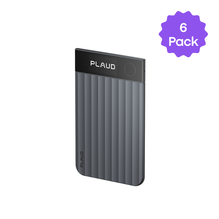 Dark gray Plaud Note Pro with ribbed body and "PLAUD" logo, sold as a 6-pack.