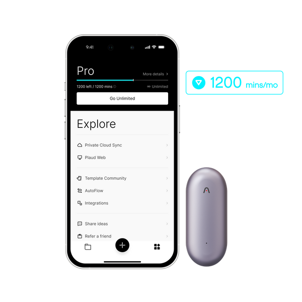 Plaud App "Pro" plan showing 1200 mins/mo, features like Private Cloud Sync, and a silver/grey Plaud NotePin.
