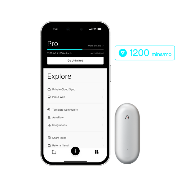 White Plaud NotePin and Plaud App displaying Pro plan with 1200 mins/mo recording limit and features.