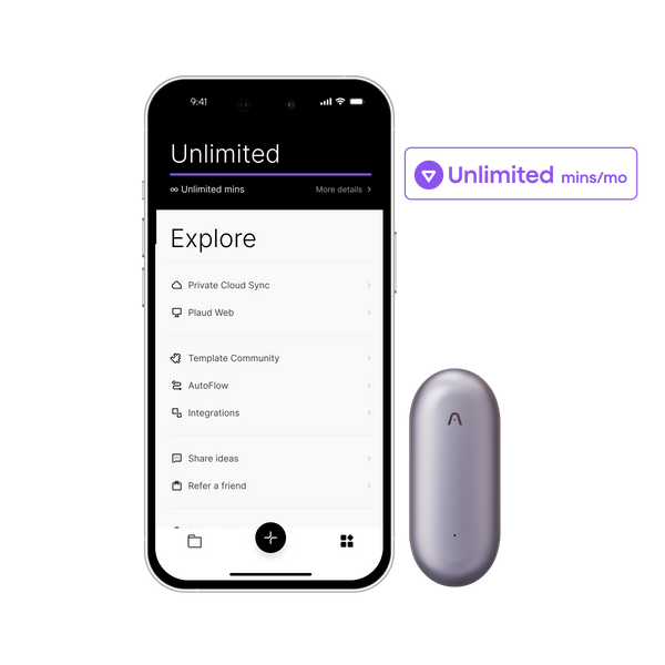 Silver Plaud NotePin next to an iPhone displaying the Plaud App's "Unlimited" plan and "Explore" features.