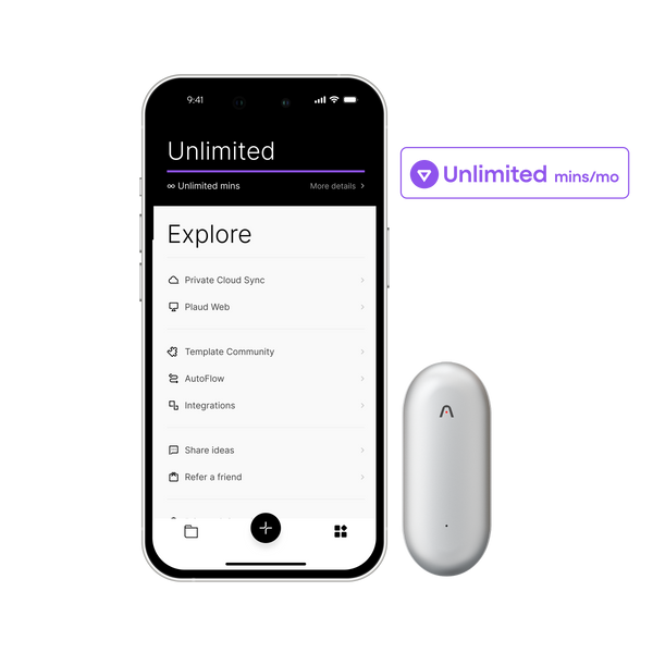 Plaud App on a smartphone displaying Unlimited plan features like Private Cloud Sync, next to a white Plaud NotePin.