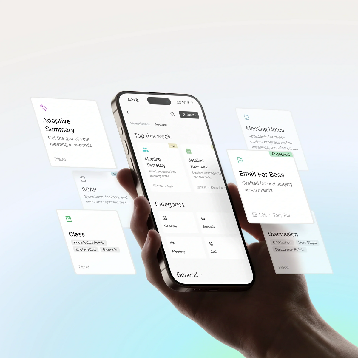 Plaud App on a smartphone, showing diverse AI-generated summaries, meeting notes, and specialized content outputs.