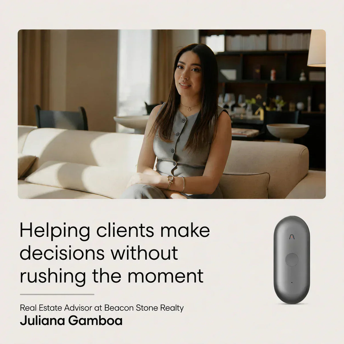 Juliana Gamboa, Real Estate Advisor, with a dark gray Plaud NotePin, helps clients make decisions without rushing.