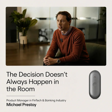 Michael Prestoy, Product Manager, wearing a dark gray Plaud NotePin S, shown with a separate product image.
