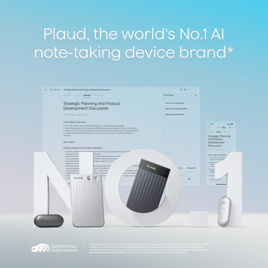 Plaud is the No.1 AI note-taking brand, featuring Plaud Note, Plaud Note Pro, Plaud NotePin, and Plaud Web & App interfaces.