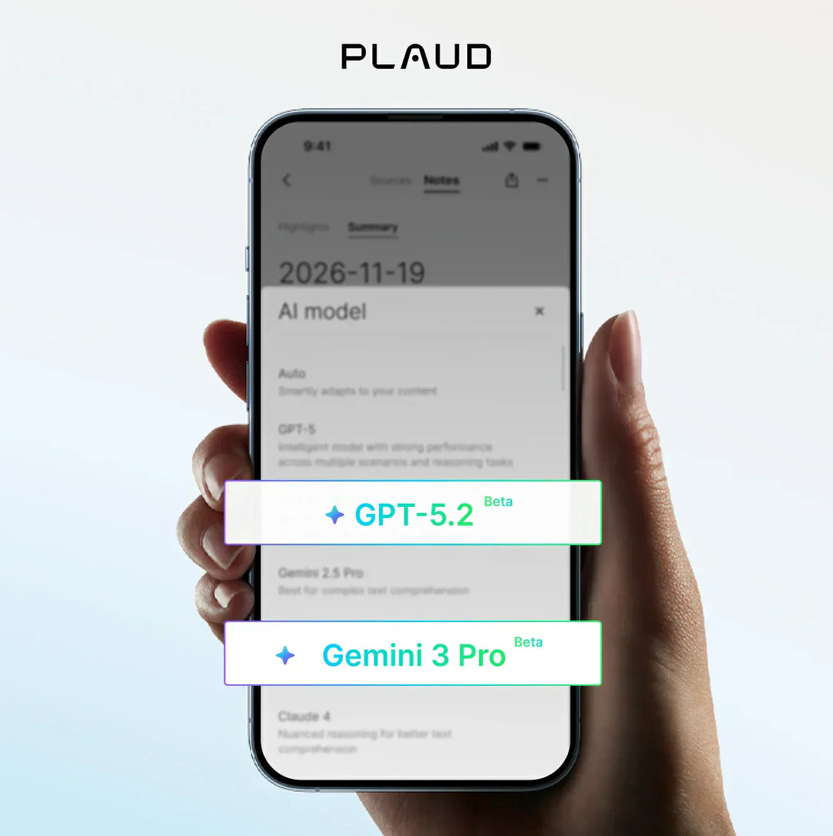 Plaud App on a smartphone, showing AI model selection with GPT-5.2 Beta and Gemini 3 Pro Beta highlighted.