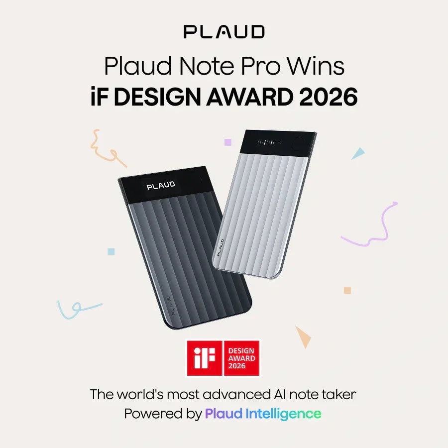 Plaud Note Pro in dark gray and light gray, shown with the iF Design Award 2026 logo, celebrating its win.
