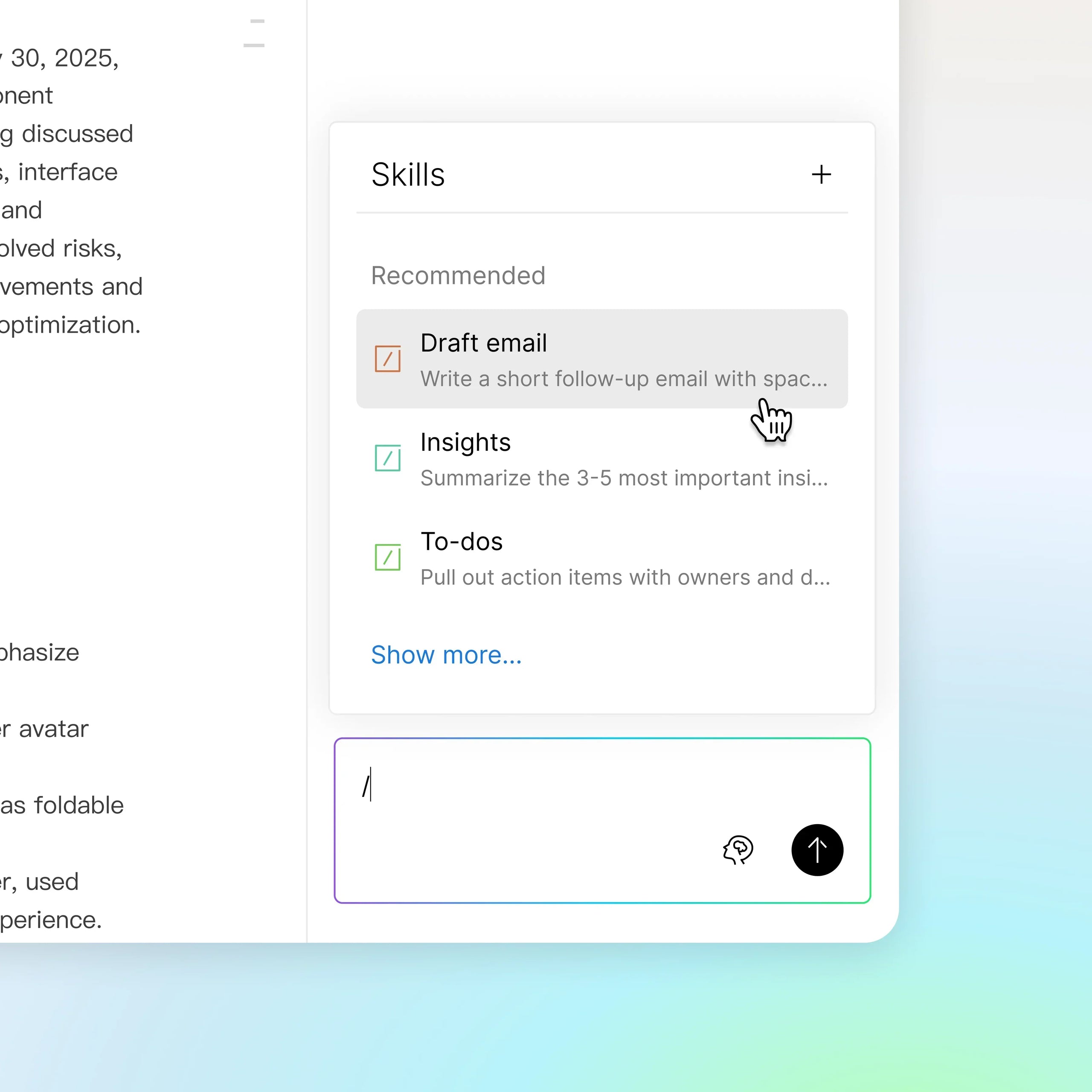 Plaud App UI: 'Skills' menu with 'Draft email' highlighted, showing AI can write follow-up emails from notes.