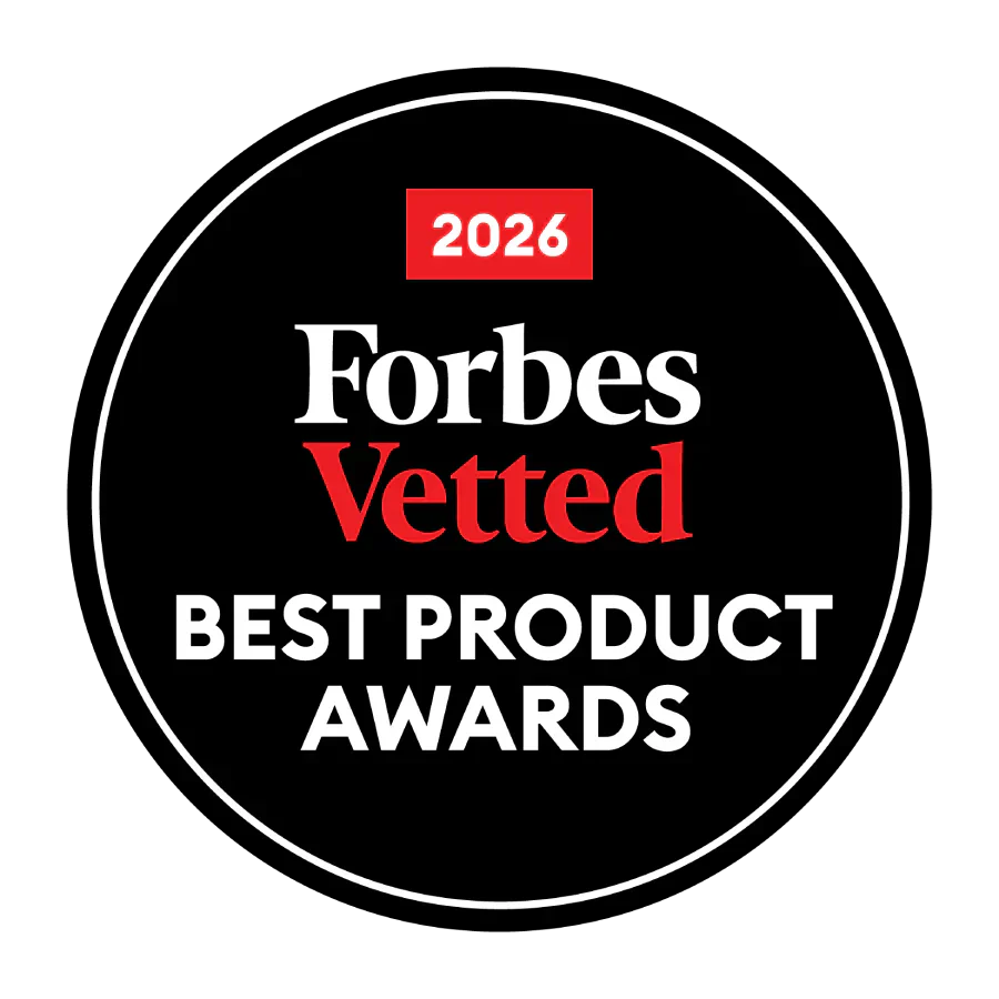 Forbes Vetted Best Product Awards 2026 badge, featuring white text on black, with 'Vetted' in red.