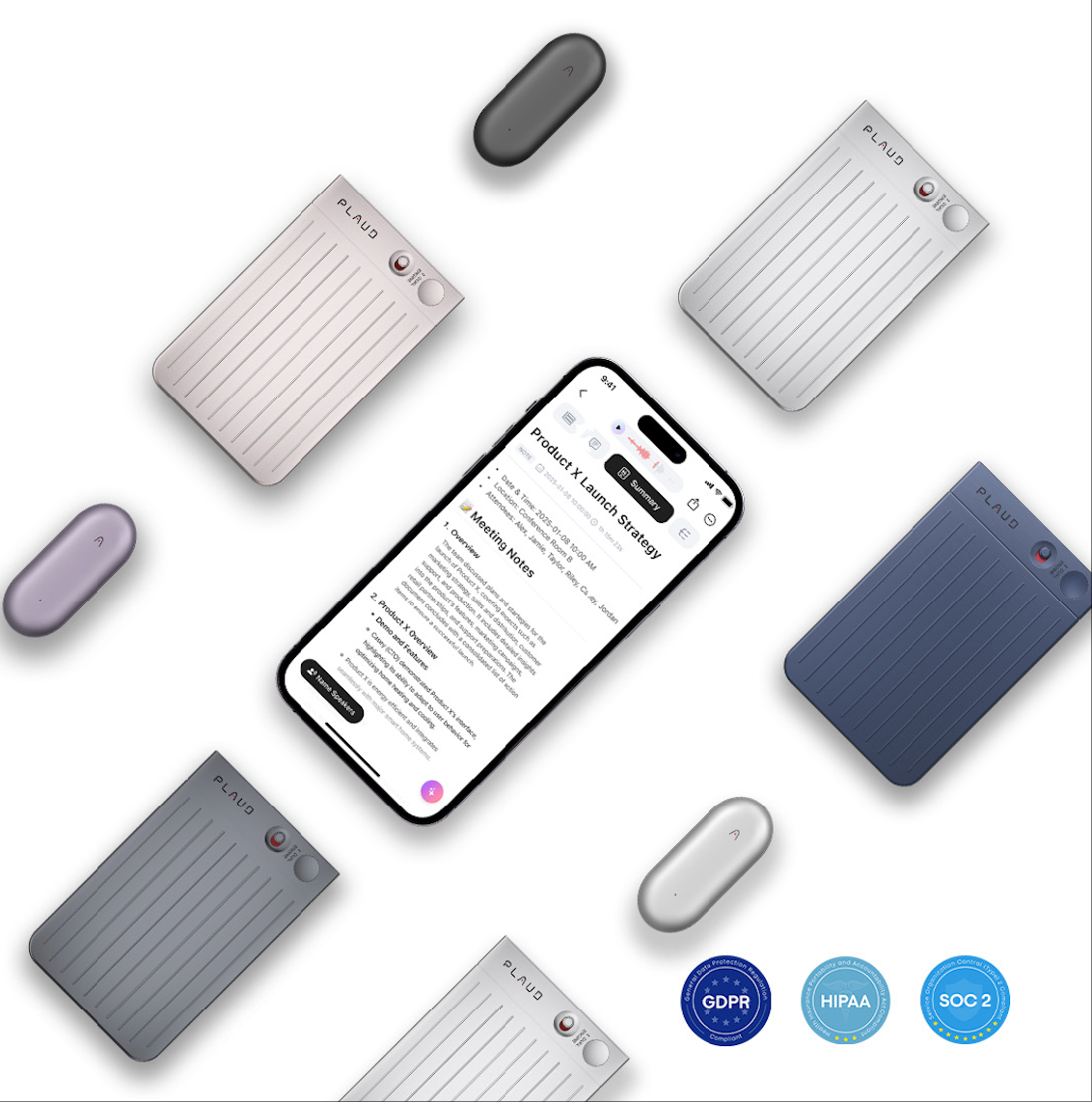 Plaud Note & NotePin devices in grey, blue, purple surround a phone displaying Plaud App meeting notes. GDPR, HIPAA, SOC