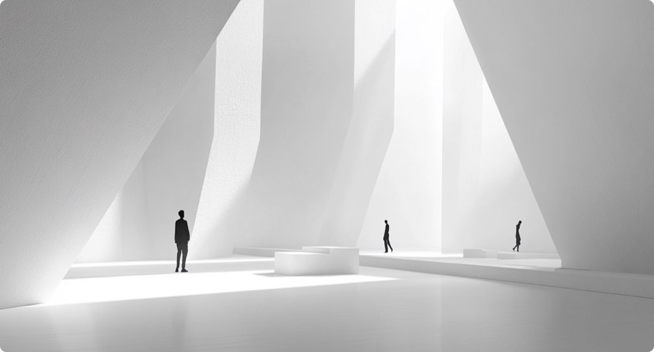 Abstract, minimalist white architectural space with strong light and shadow, featuring small silhouetted human figures.