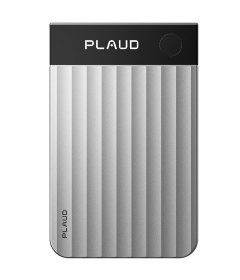 A silver Plaud Note Pro AI voice recorder features a black glass top strip and broad wavy vertical ridges.
