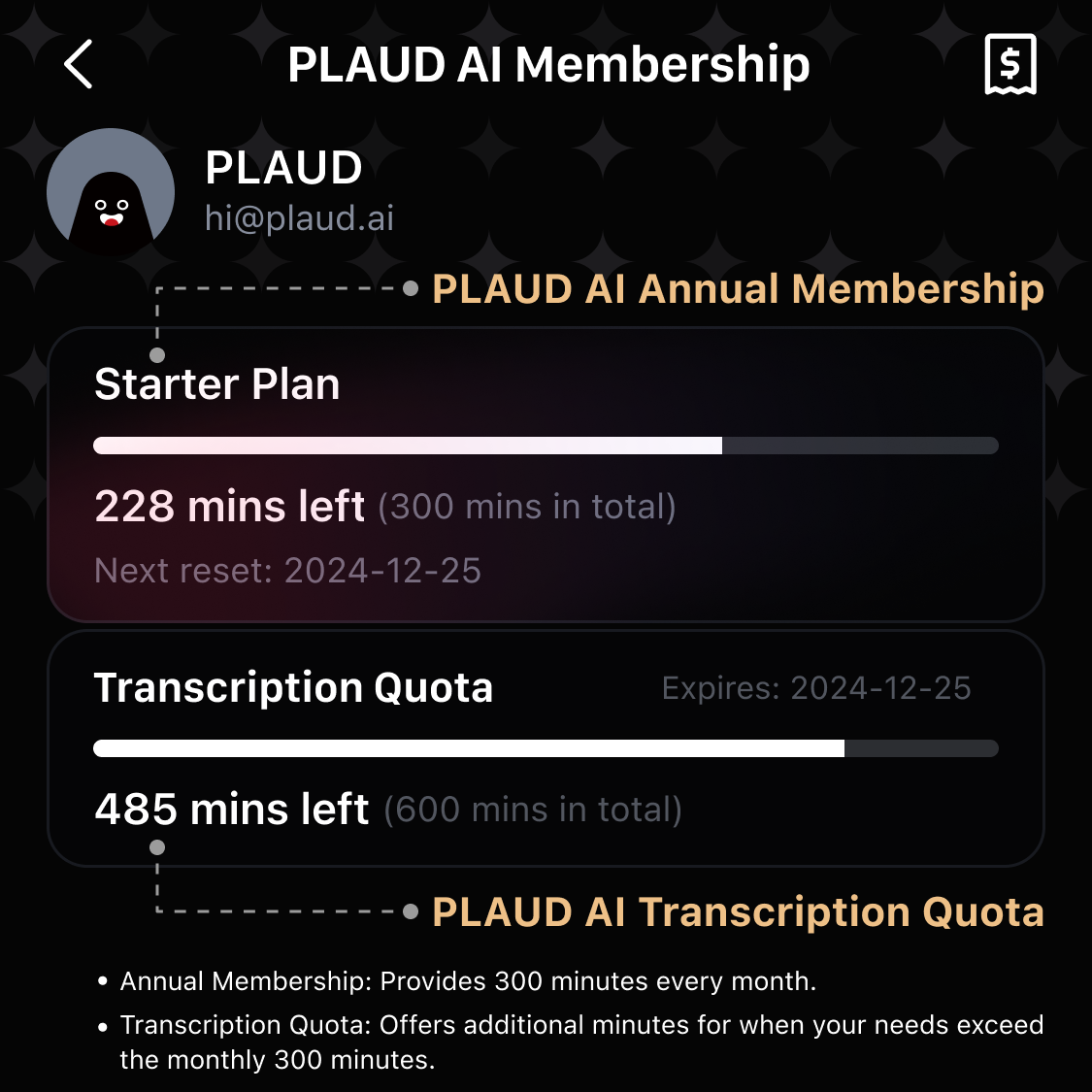 PLAUD AI Transcription Quota (6000/3000/600mins)