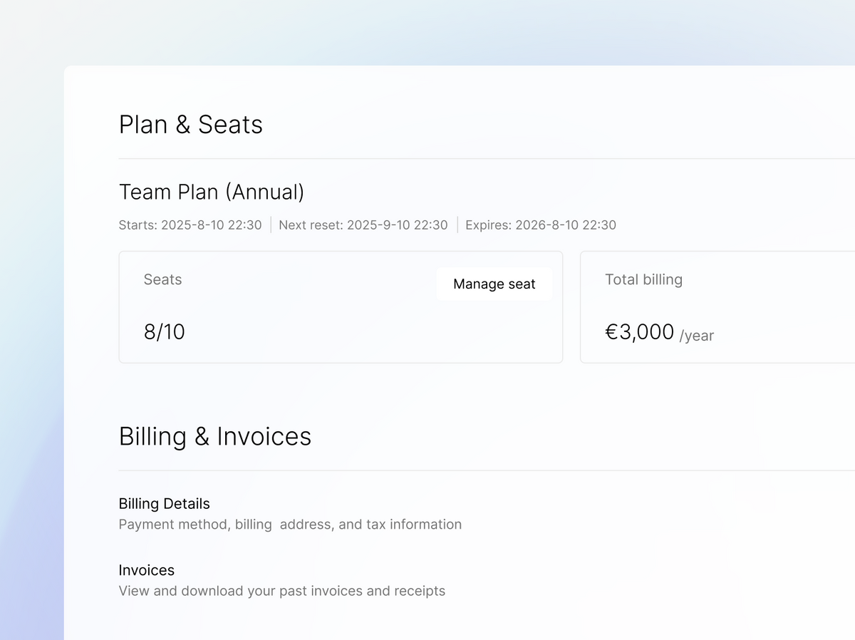 Plaud App UI showing "Plan & Seats" with Team Plan details (8/10 seats, €3,000/year) and "Billing & Invoices" section.