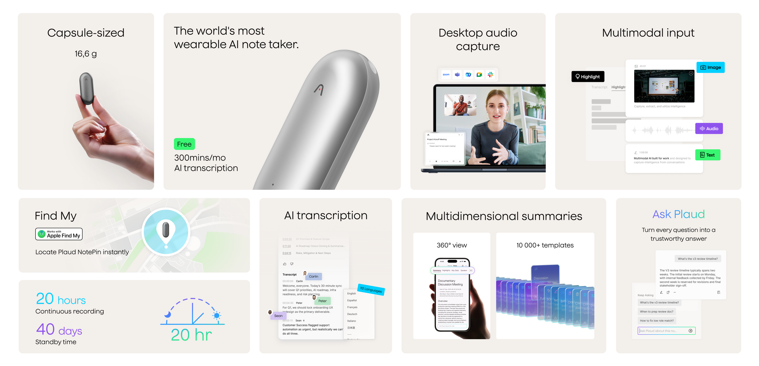 Plaud NotePin features: wearable, 16.6g, 20hr recording, Apple Find My, desktop audio, AI transcription, summaries, Ask Plaud