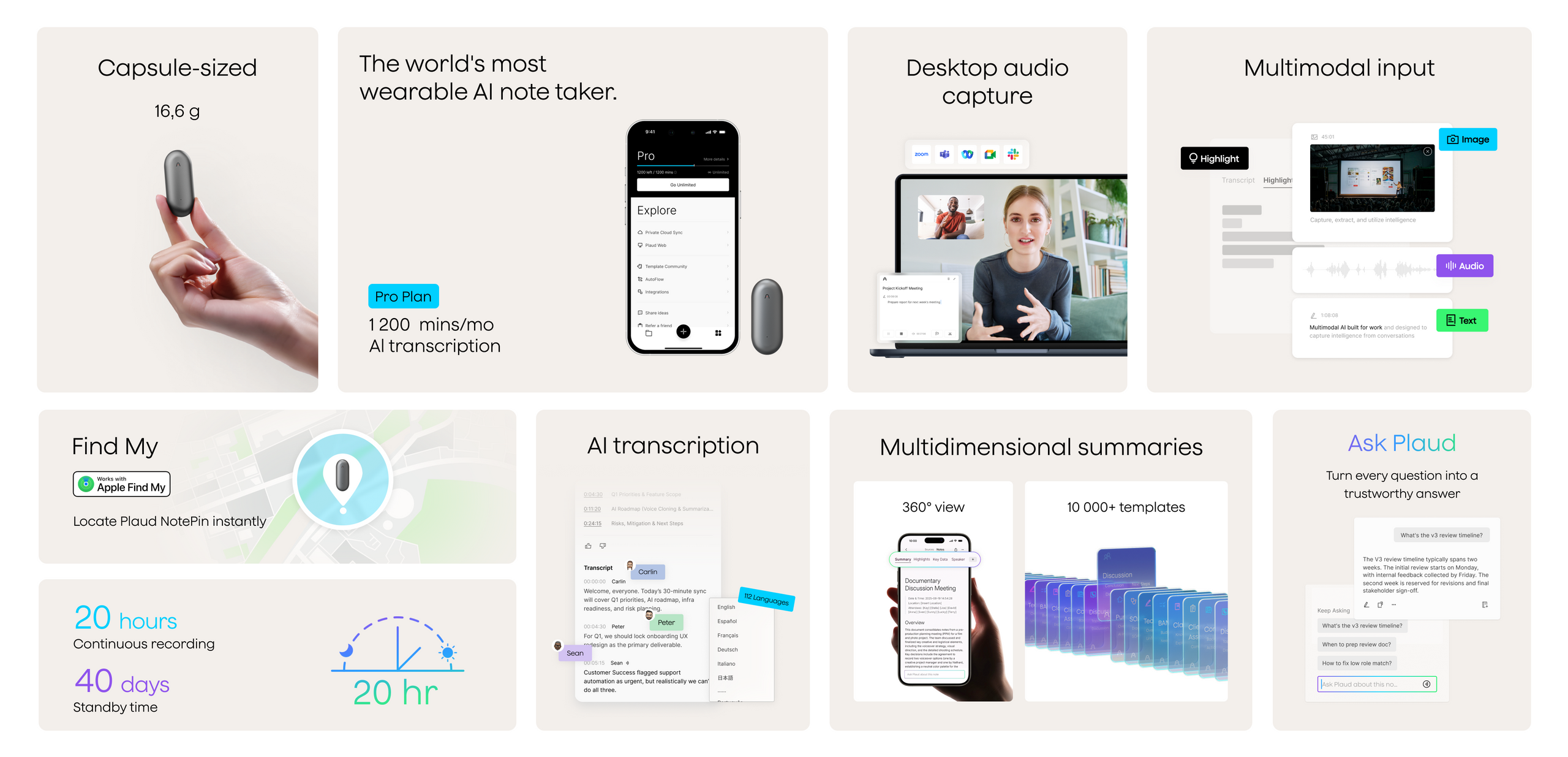 Plaud NotePin features: capsule-sized, 20-hour recording, Find My, desktop audio, AI transcription, multimodal input, summari