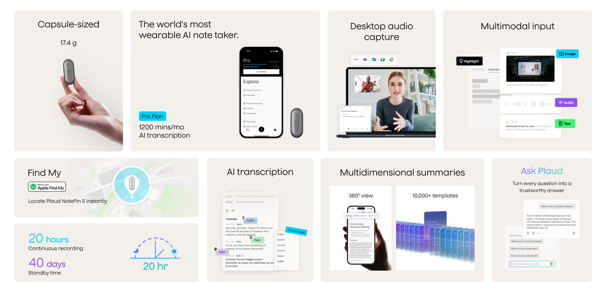 Plaud NotePin S features: capsule design, Find My, 20hr recording, AI transcription, multimodal input, desktop capture, summa