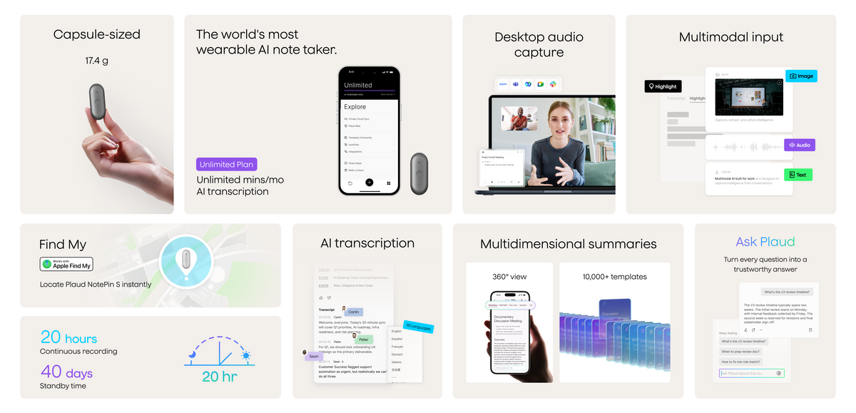 Plaud NotePin S features: wearable AI note taker, desktop audio, multimodal input, Find My, long battery, AI transcription, sum