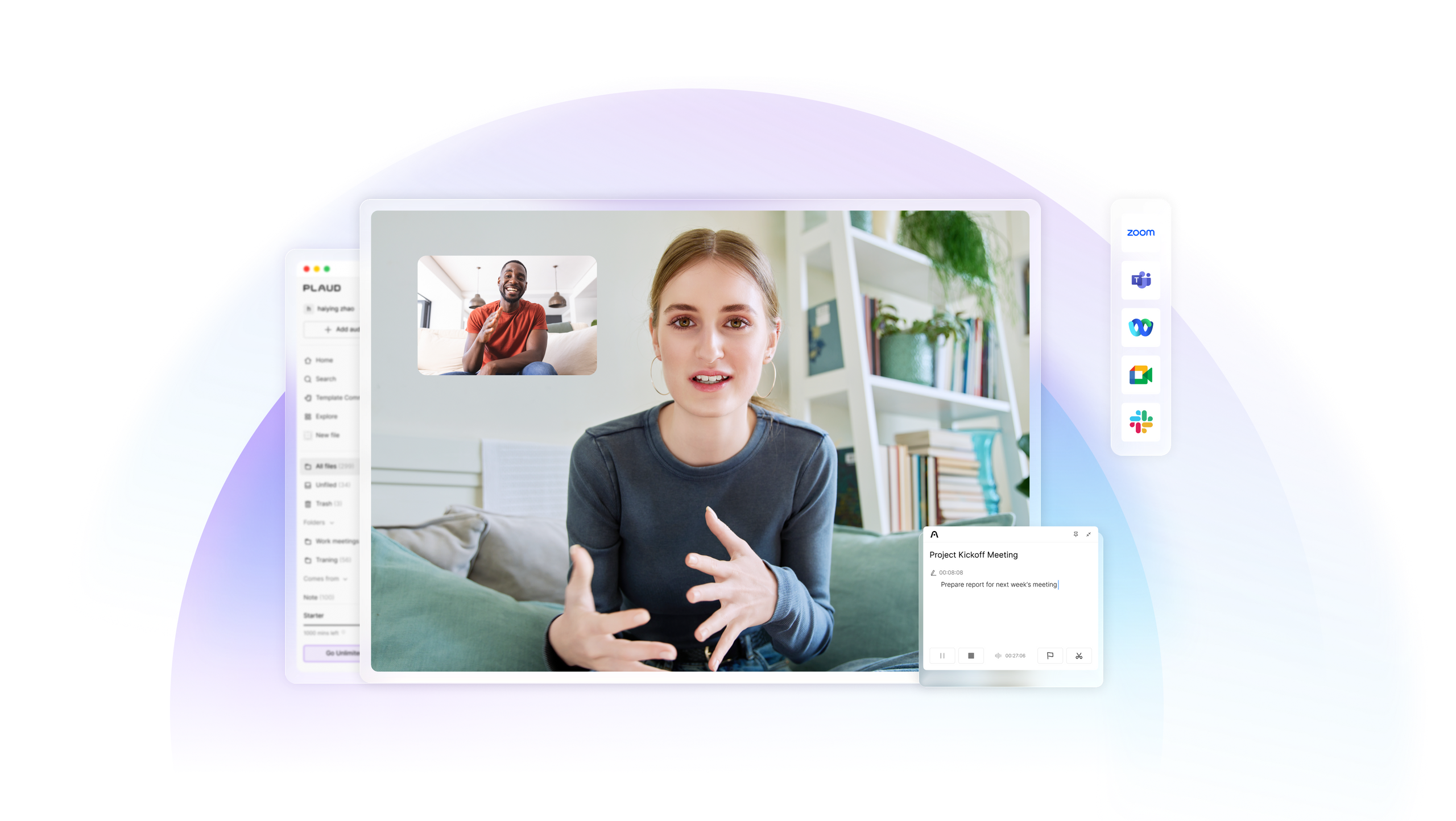 Plaud App interface capturing a video call, displaying a meeting summary and integration icons for Zoom, Teams, and Slack.