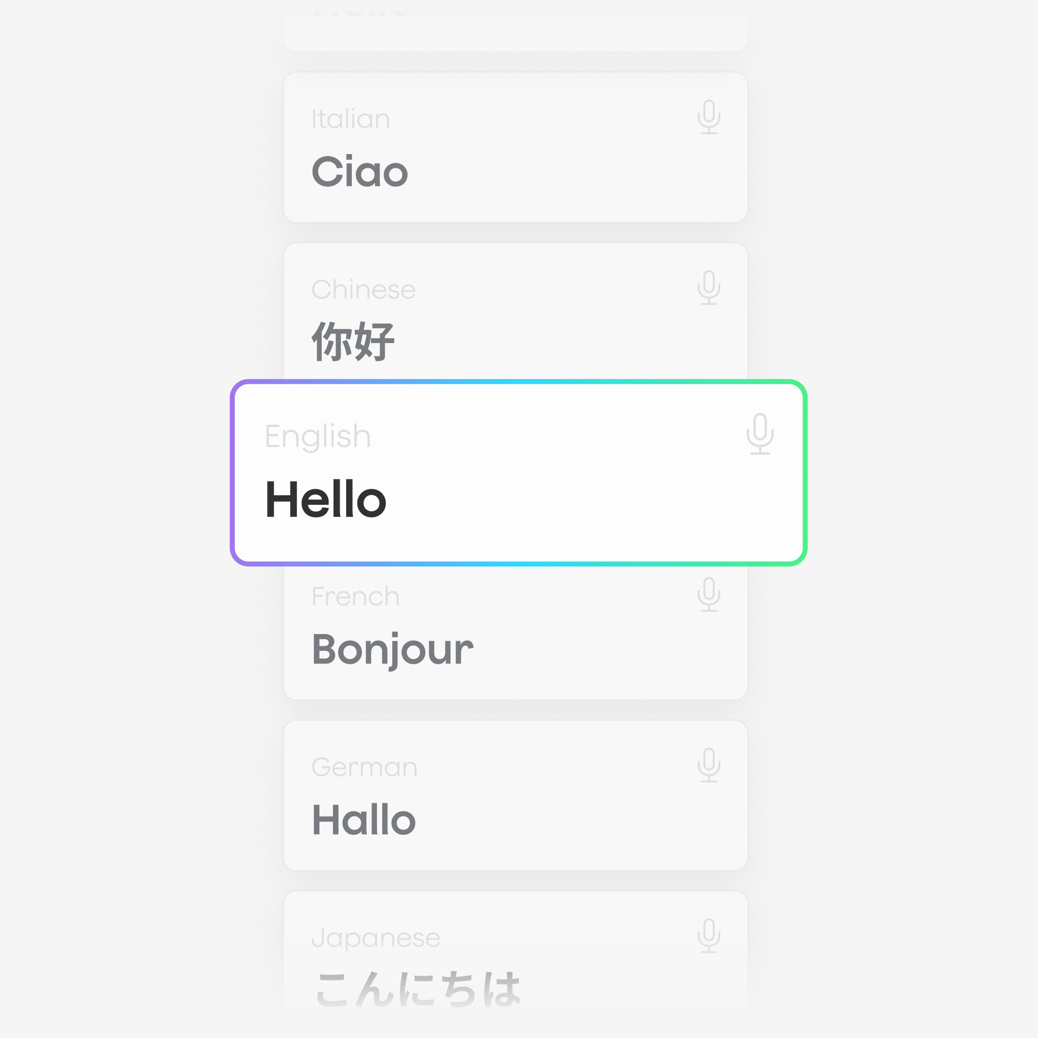 UI showing multi-language support: English "Hello" highlighted with a gradient border, alongside Italian, Chinese, French, Ge