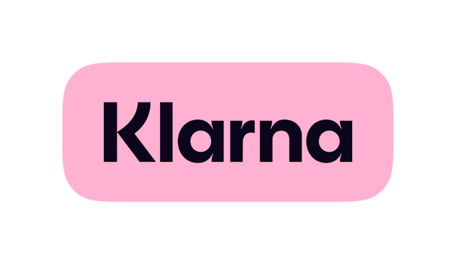 Klarna logo: dark purple text on a pink rounded rectangle.