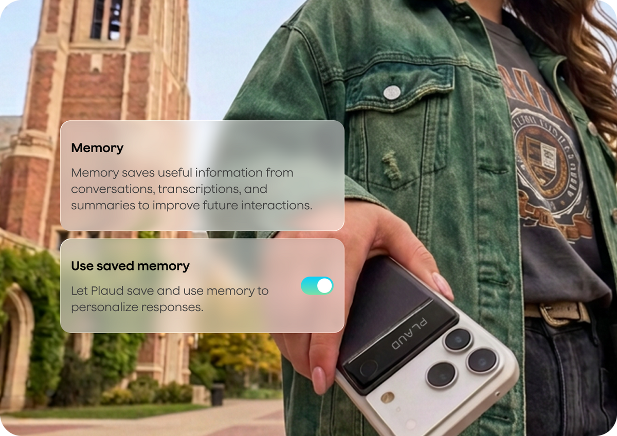 A person holding a phone showing Plaud’s saved-memory settings
