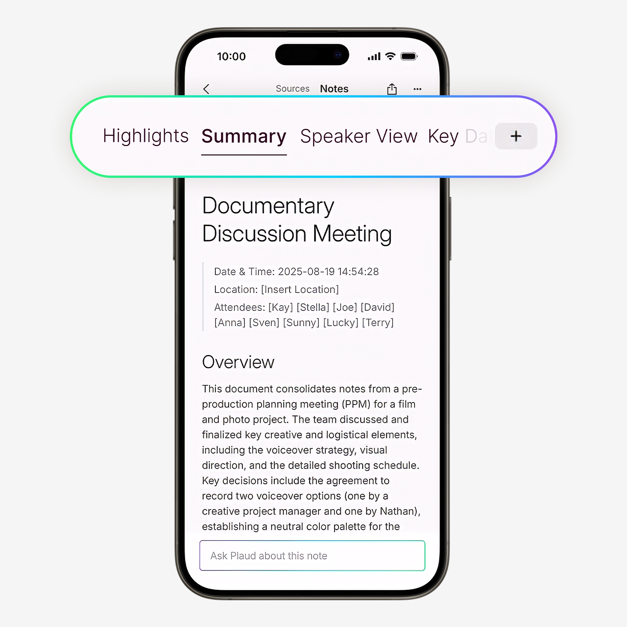 Plaud App on a smartphone displaying a meeting summary with "Summary" tab active and an "Ask Plaud about this note" input.