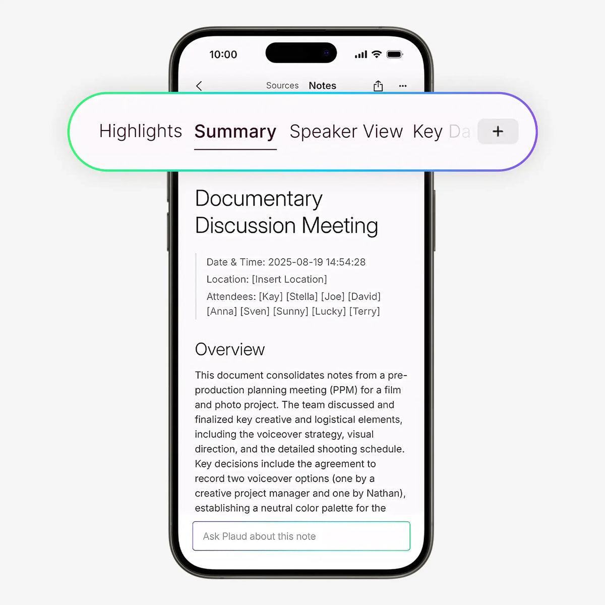 Plaud App on a smartphone displaying a meeting summary with sections for highlights, speaker view, and key data.