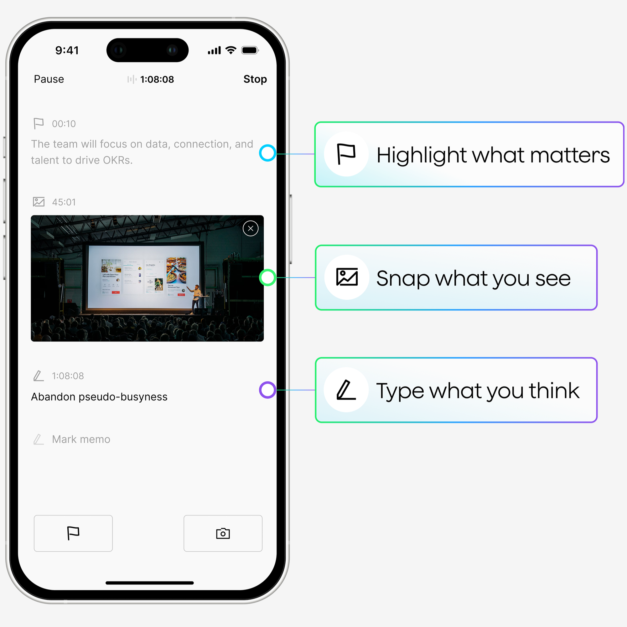Plaud App UI demonstrating features: highlight text, snap visuals, and type notes during a recording.