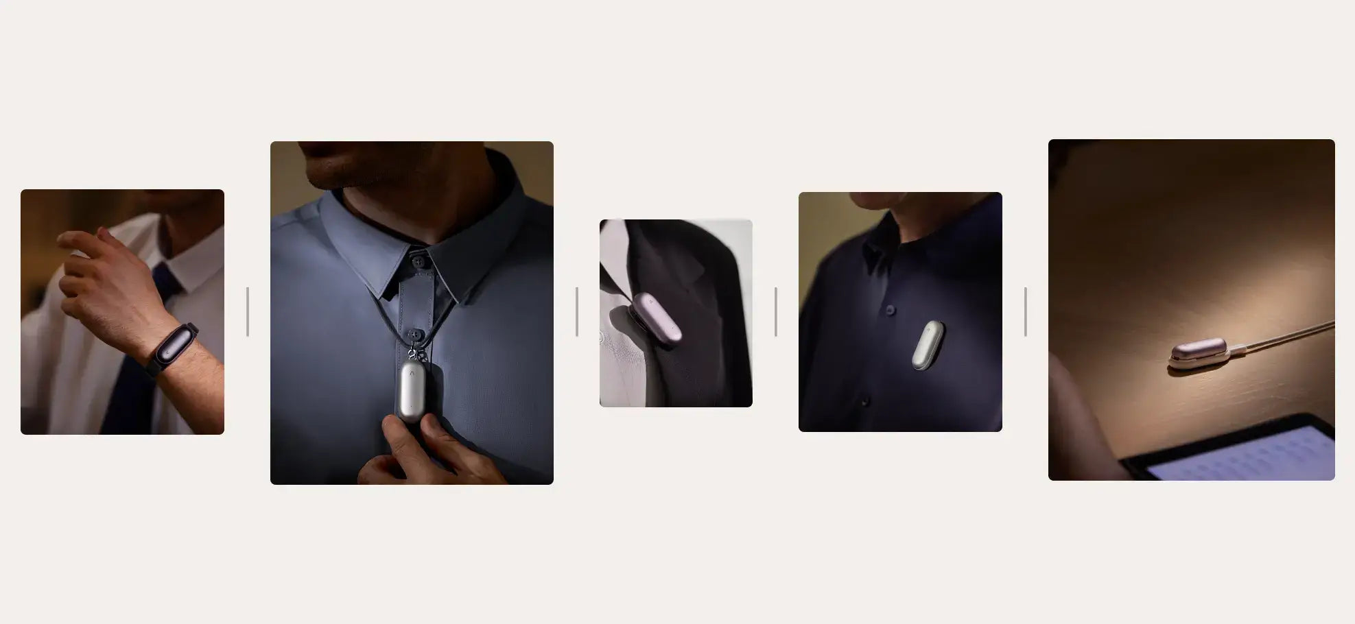 White Plaud NotePin worn as a necklace, clipped to a shirt and jacket, and charging. Demonstrates versatile use.