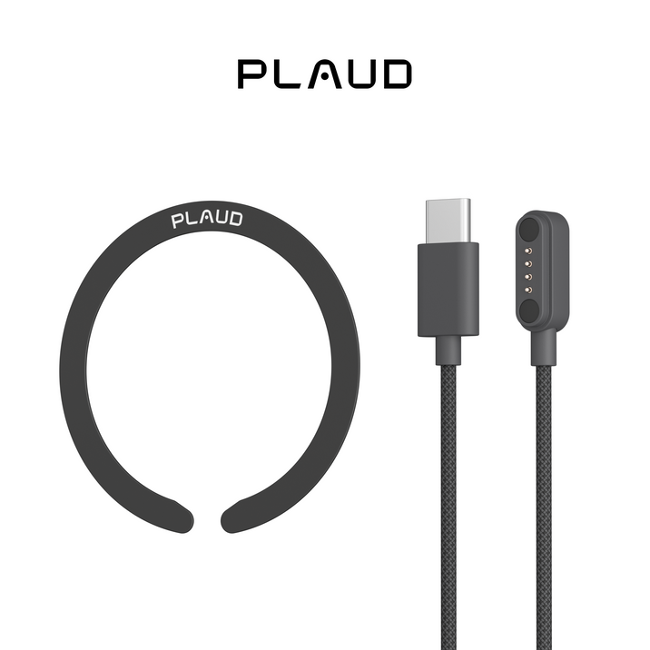 Dark gray braided USB-C charging cable and a dark gray Plaud neckband accessory for wearable AI voice recorders.