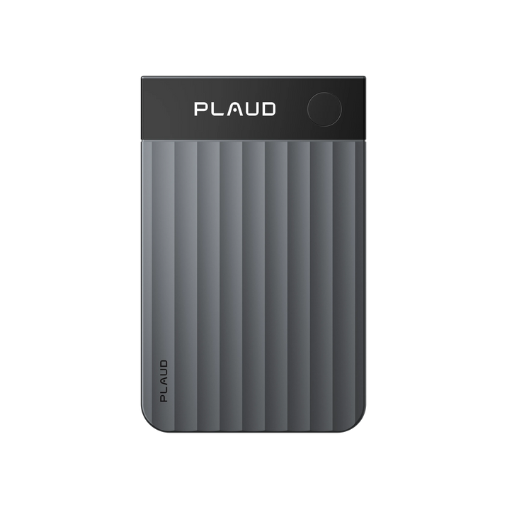 Dark grey Plaud AI voice recorder with a ribbed texture and Plaud logo.
