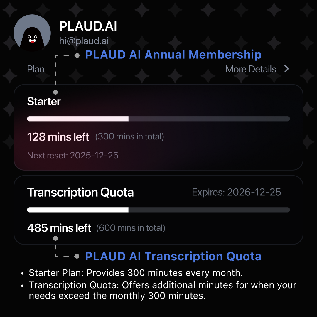 PLAUD AI Transcription Quota (6000/3000/600mins)