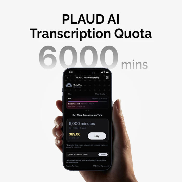 PLAUD AI Annual Pro Plan & Transcription Quota (6000/3000/600mins)