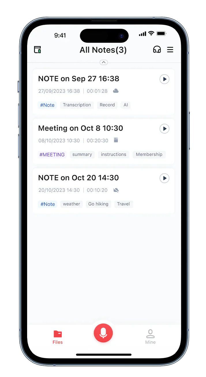 Plaud App UI on a smartphone, showing 'All Notes' with recordings, dates, times, durations, and tags.