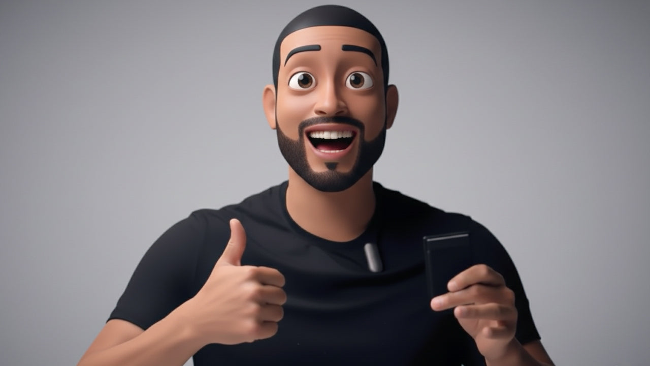 Excited animated man gives a thumbs-up, holding a black Plaud Note and wearing a gray Plaud NotePin.